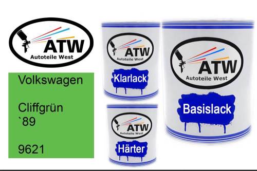 Volkswagen, Cliffgrün `89, 9621: 1L Lackdose + 1L Klarlack + 500ml Härter - Set, von ATW Autoteile West.